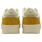 The rear view of two white Gola sneakers, showing the gold heel and Gola logo.