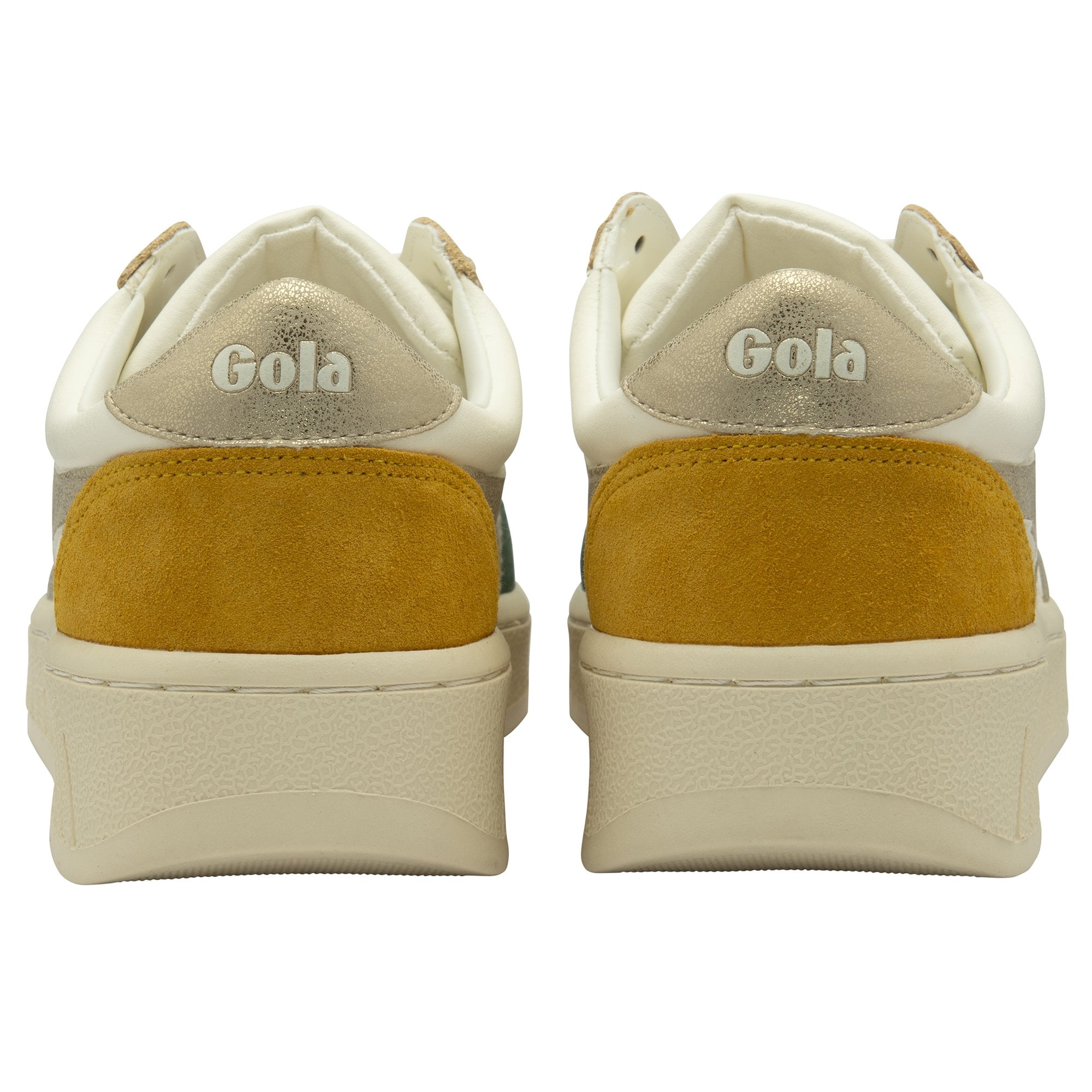 The rear view of two white Gola sneakers, showing the gold heel and Gola logo.