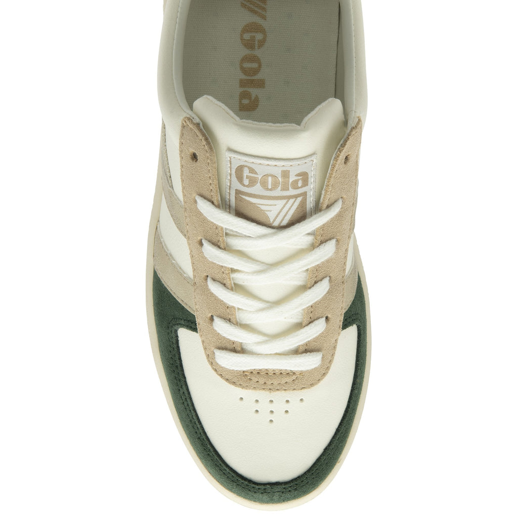 Top-down view of a white Gola sneaker with green, gold, and tan accents.