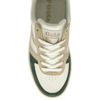 Top-down view of a white Gola sneaker with green, gold, and tan accents.