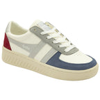 Angled side view of a white Gola sneaker with blue, grey, and red accents on a white background.