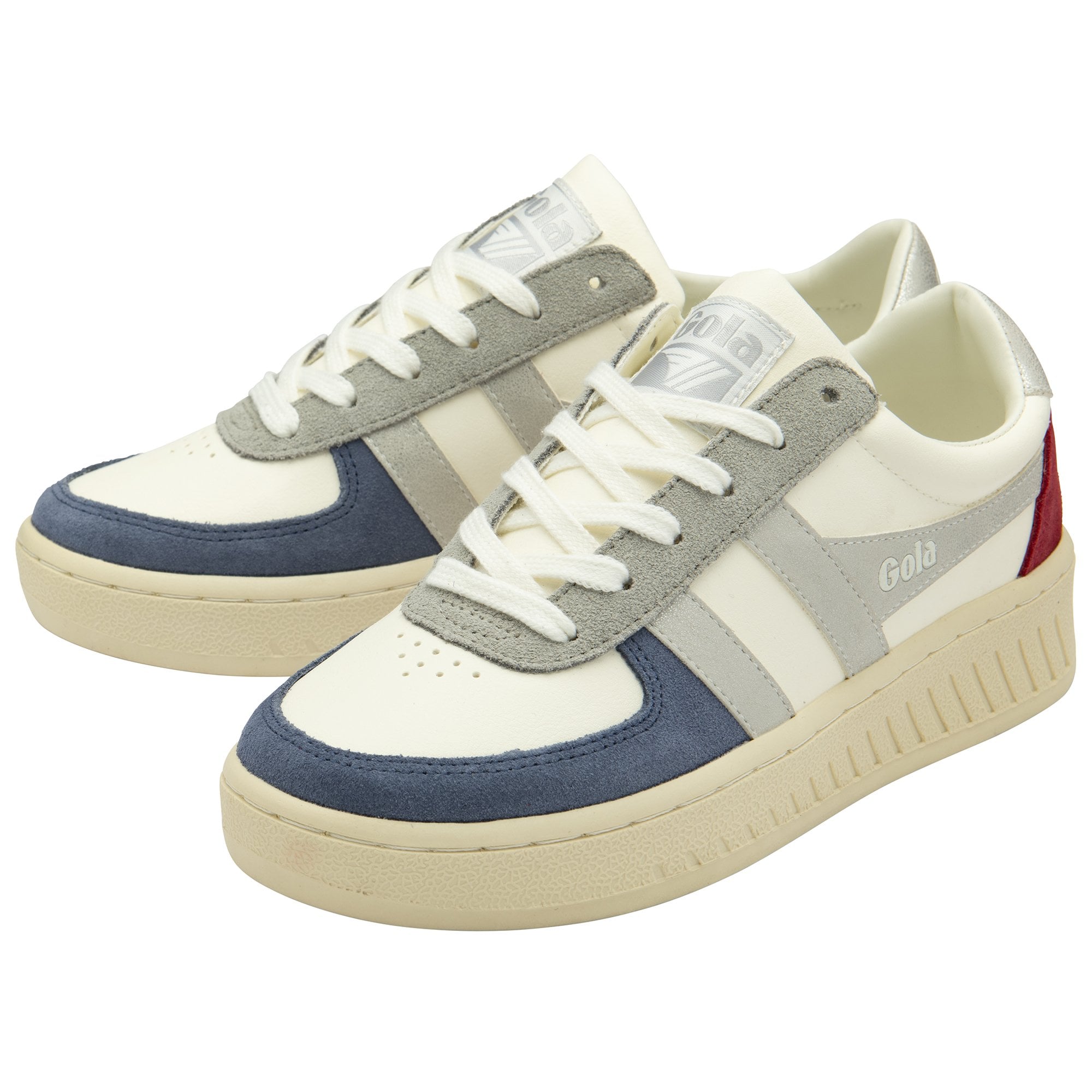 Pair of white Gola sneakers with blue, grey, and red accents, angled on a white background.