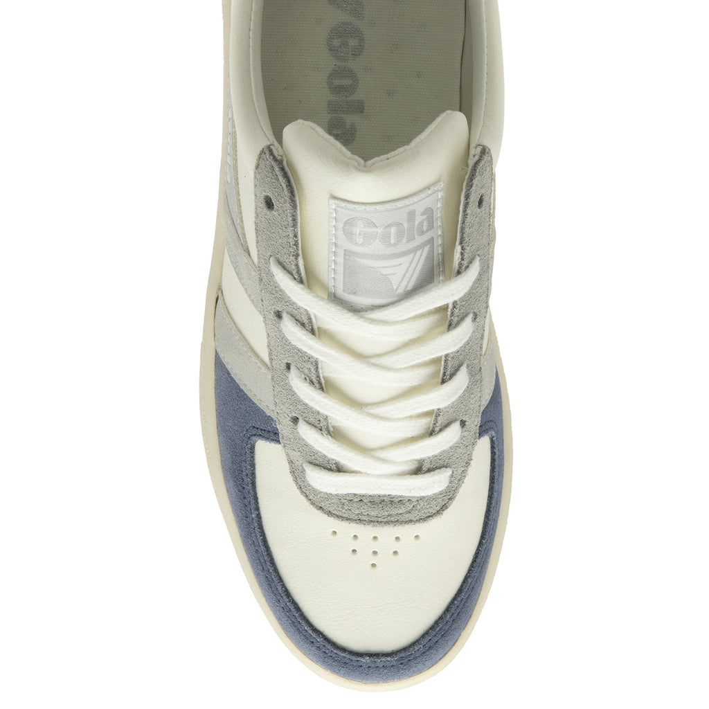 Top-down view of a white Gola sneaker with blue and grey accents, showcasing the laces.
