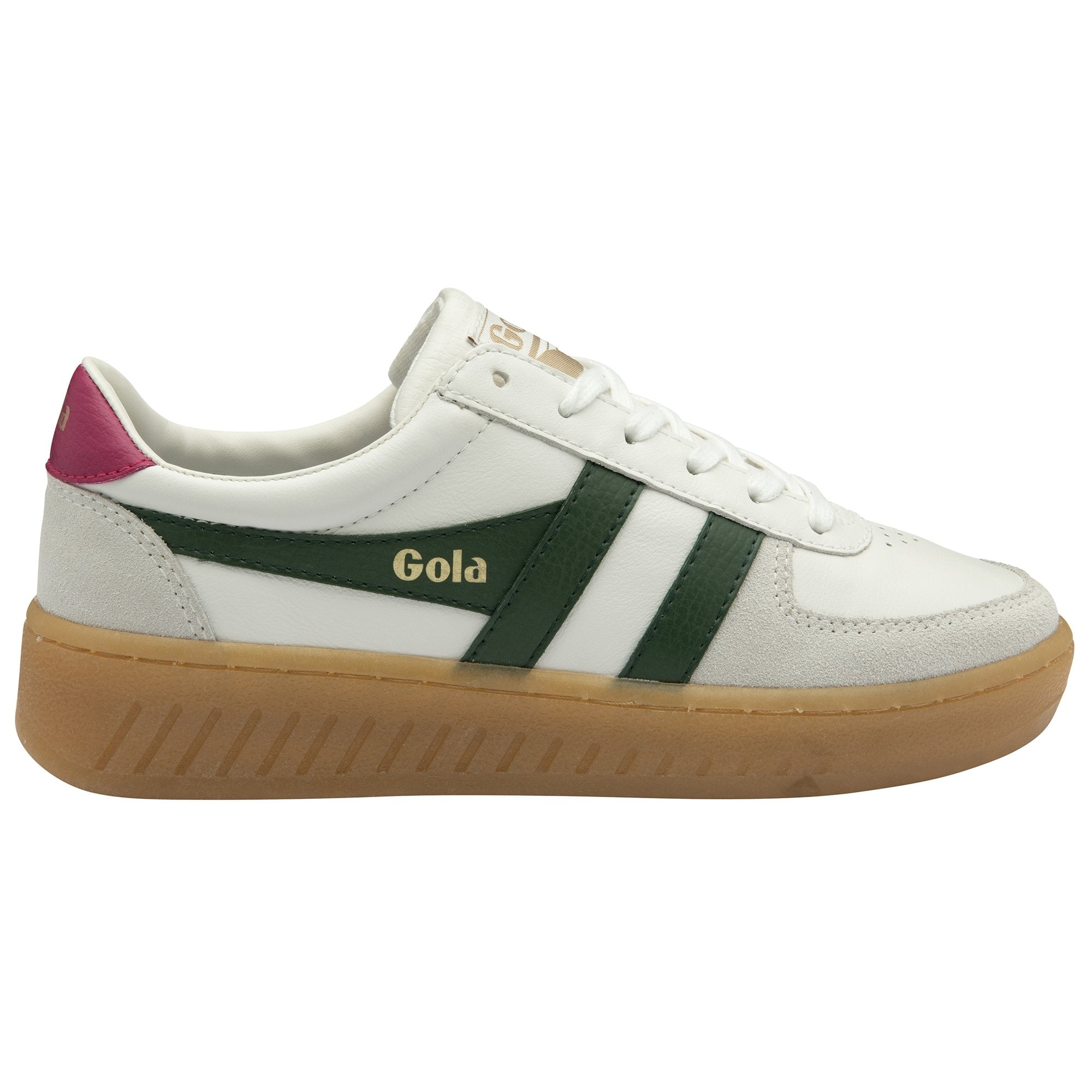 Side profile of a white Gola sneaker with green stripes and a gum sole.