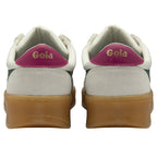 Rear view of two white Gola sneakers showing magenta heel tabs with logo.