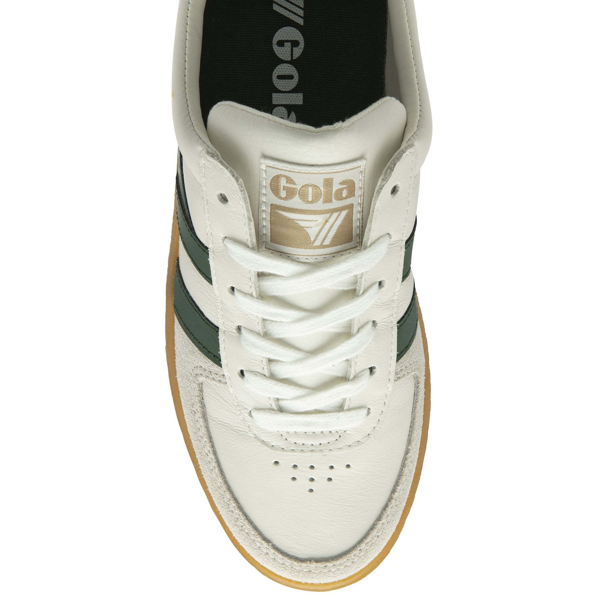 Top-down view of the front of a white Gola sneaker with green stripes and white laces.