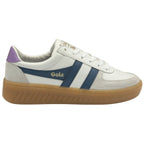 A single white Gola sneaker with blue stripes and a purple heel accent.
