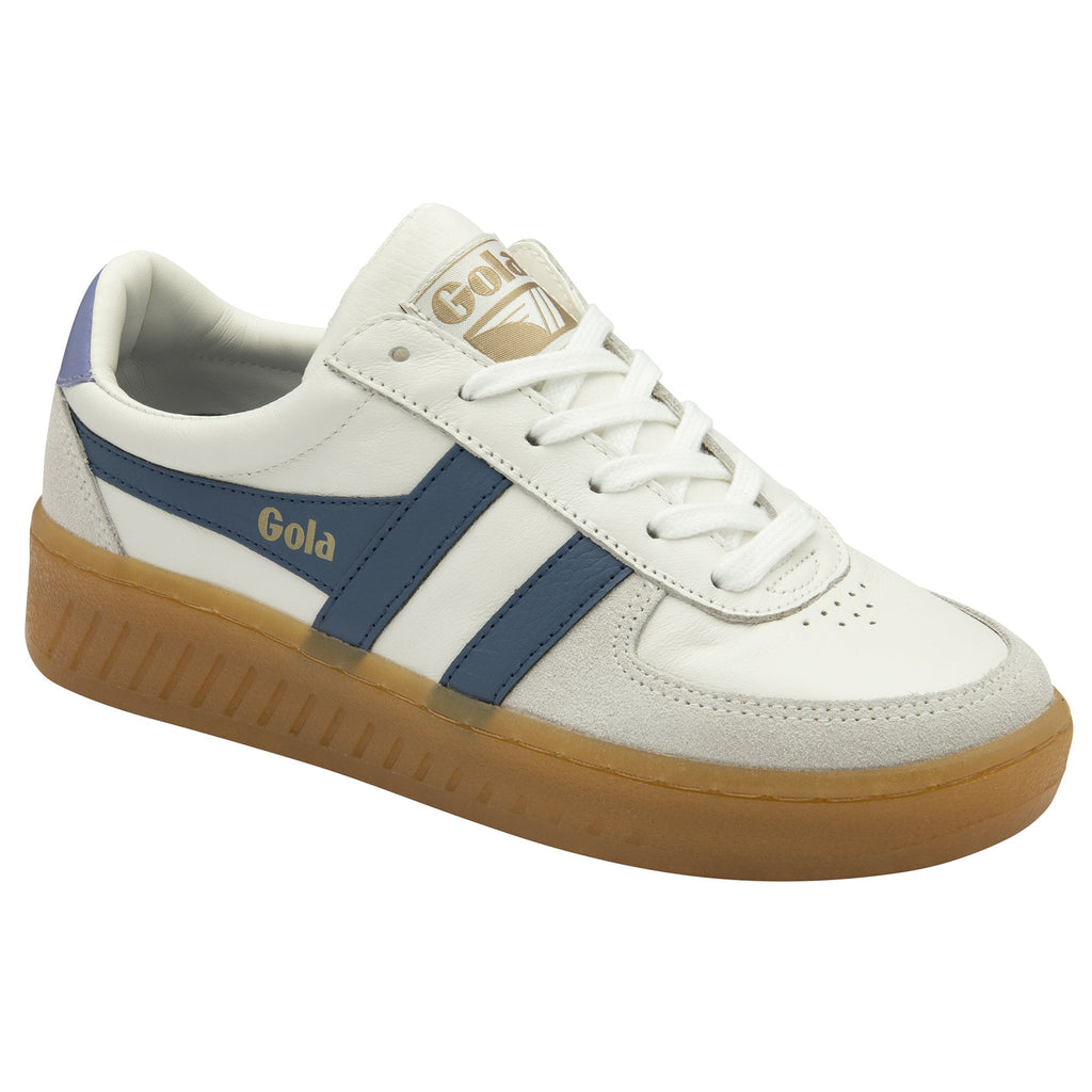 A single white Gola sneaker with blue stripes and a light blue heel accent.
