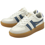 A pair of white Gola sneakers with blue stripes and light blue heel accents.