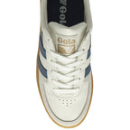 An overhead view of a white Gola sneaker with blue stripes and brown sole.