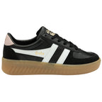 A sleek black sneaker with white stripes, a brown sole, and a subtle pink heel accent.