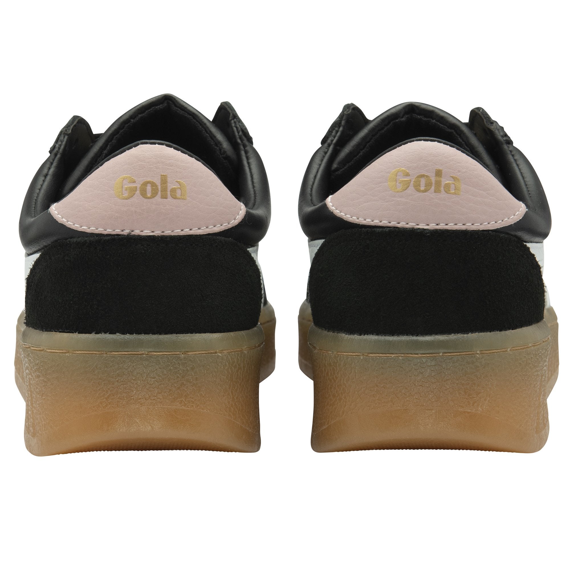 The rear view of two black sneakers, highlighting the pink heel and brown sole.