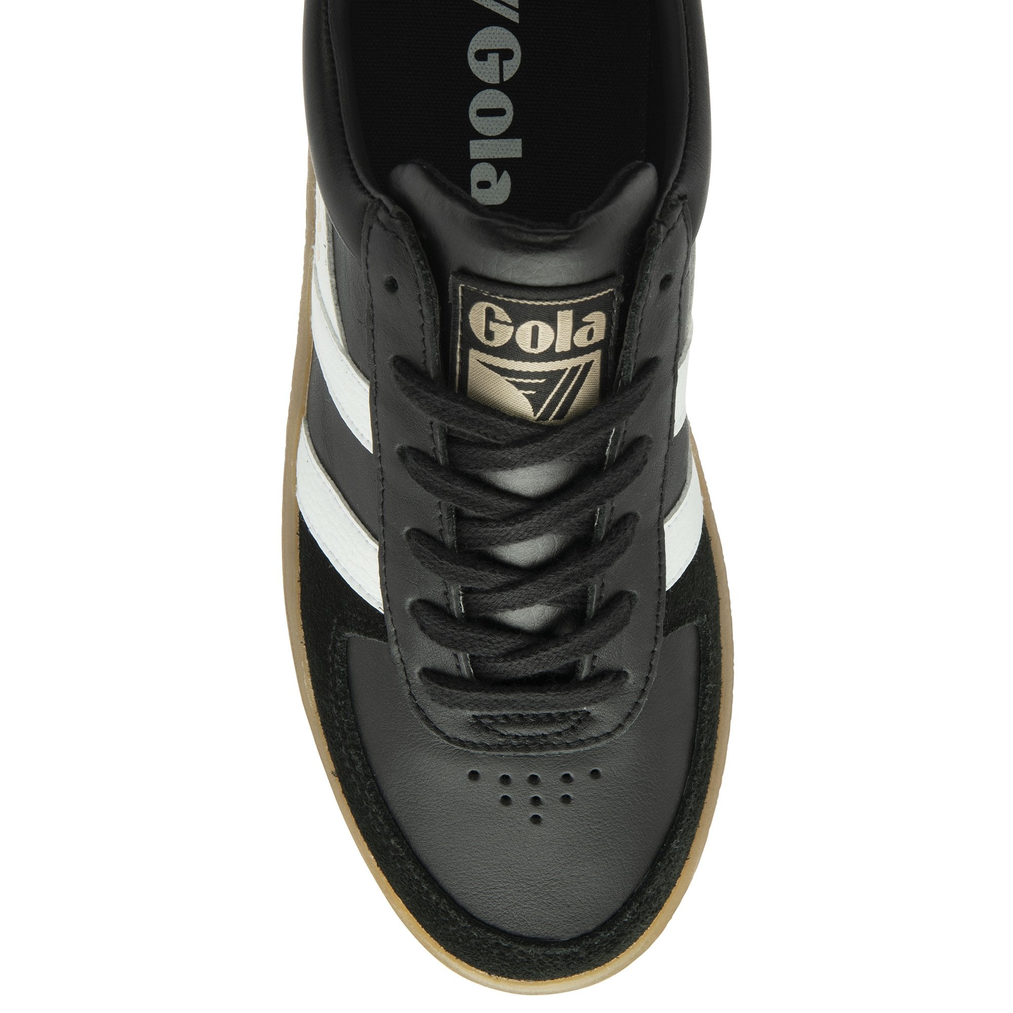 Top-down view of a black sneaker, showing laces and tongue logo.