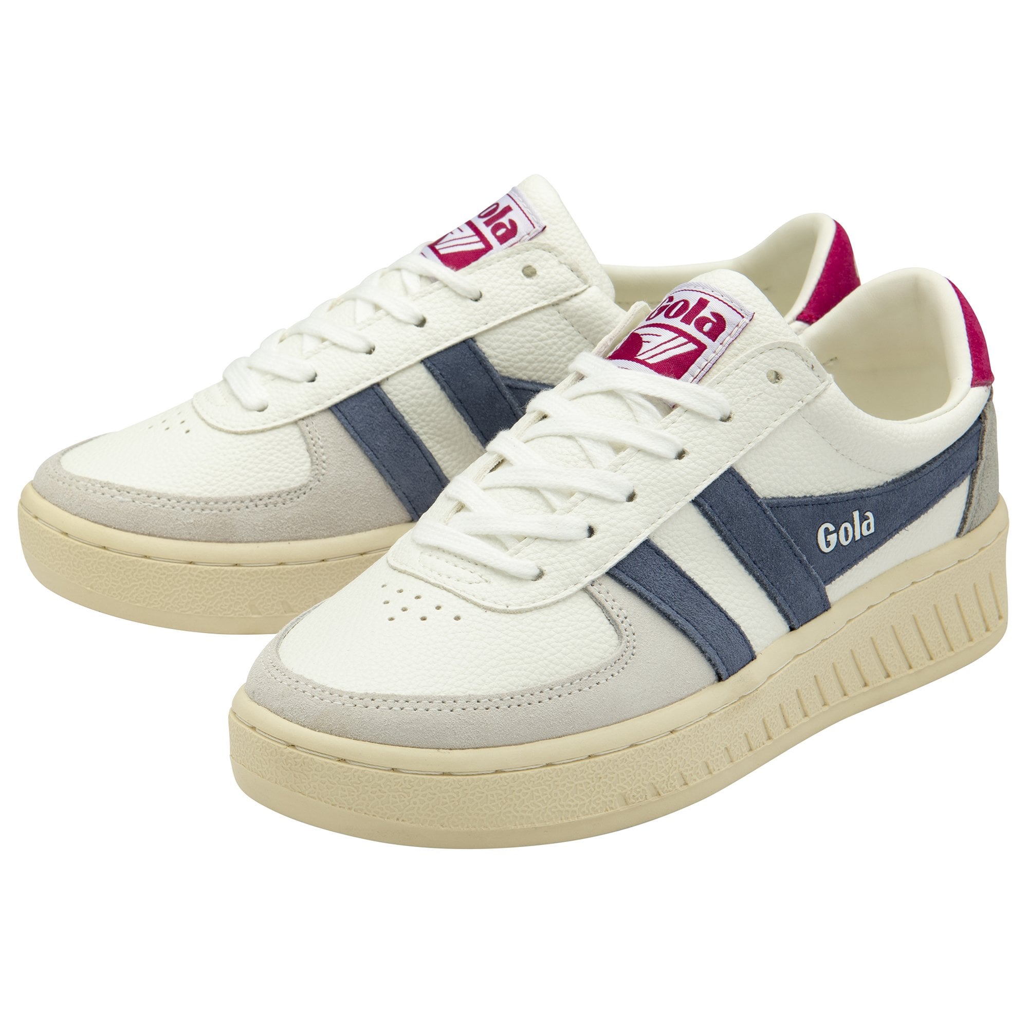 A pair of Gola sneakers with white, navy, gray, and pink details.
