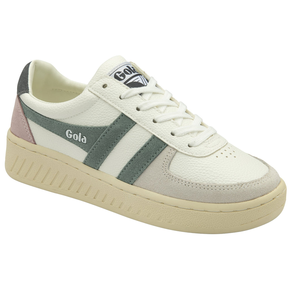 A cream Gola sneaker with green stripes, light grey, pink, and dark grey accents.