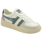 A cream Gola sneaker with green stripes, light grey, pink, and dark grey accents.