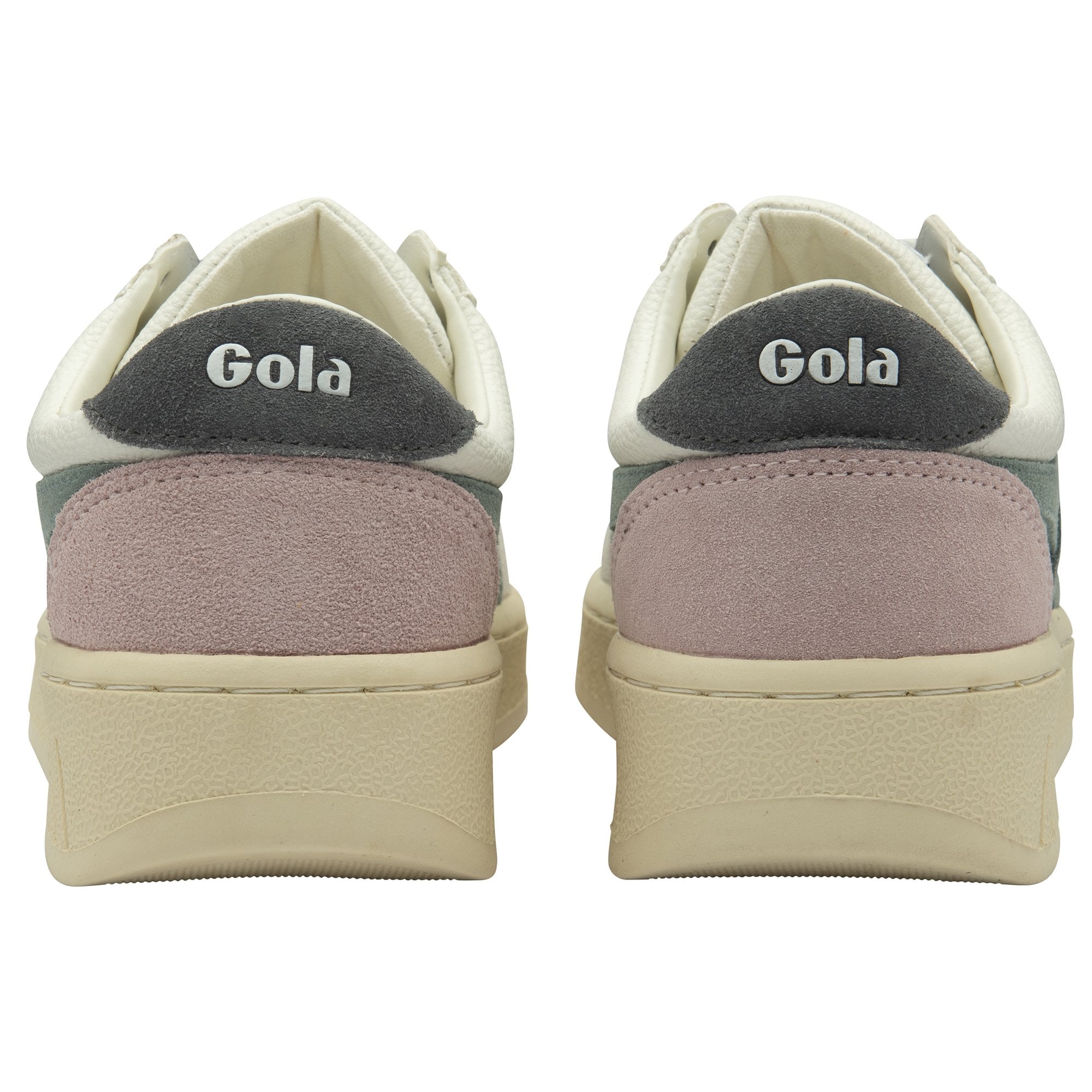 The back view of two Gola sneakers with 'Gola' written in black on a dark grey panel.
