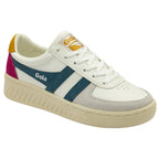 Side profile of the Gola Classics trainers in off-white with teal and burgundy accents.