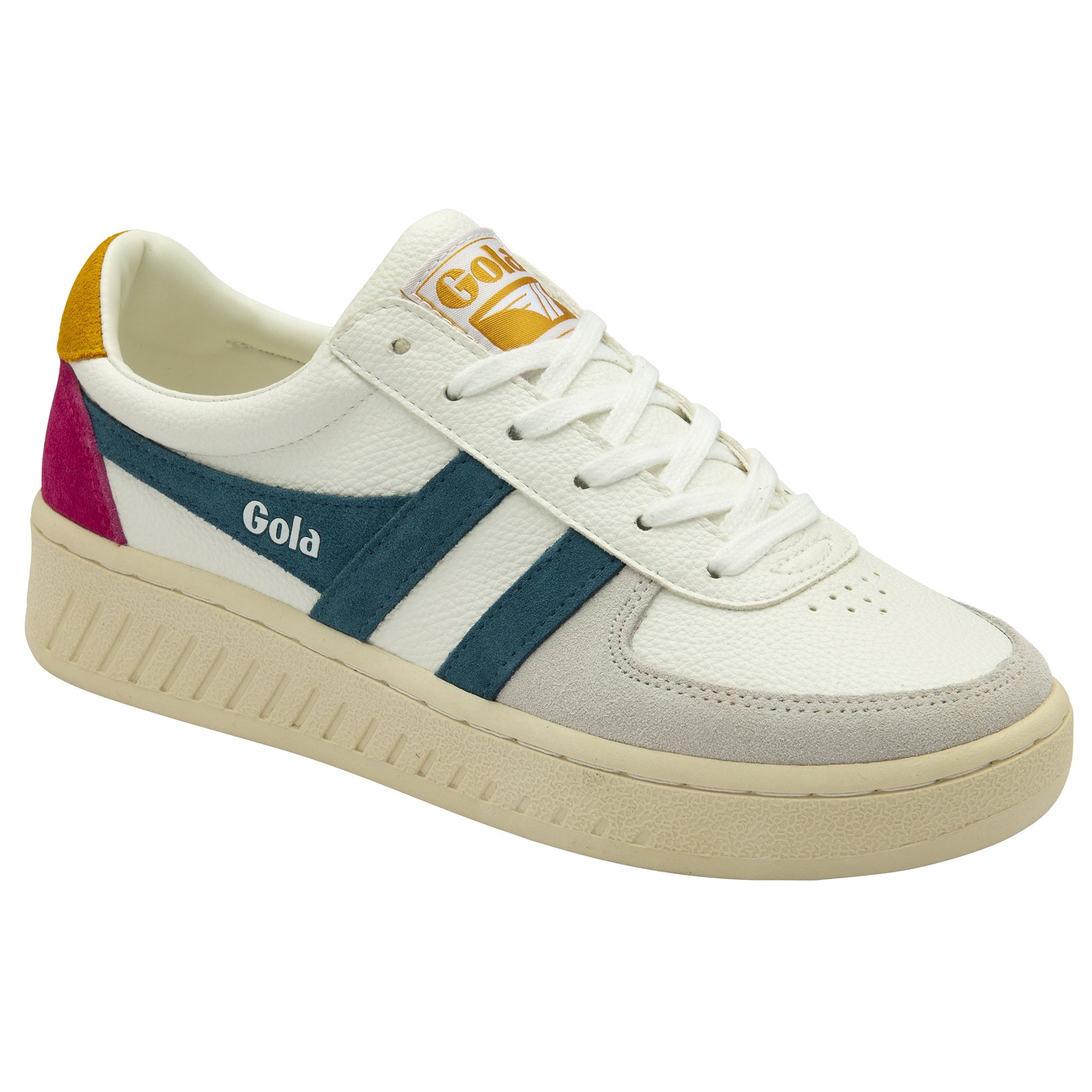 Side profile of the Gola Classics trainers in off-white with teal and burgundy accents.