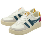 A pair of Gola Classics trainers in off-white with teal and burgundy accents.