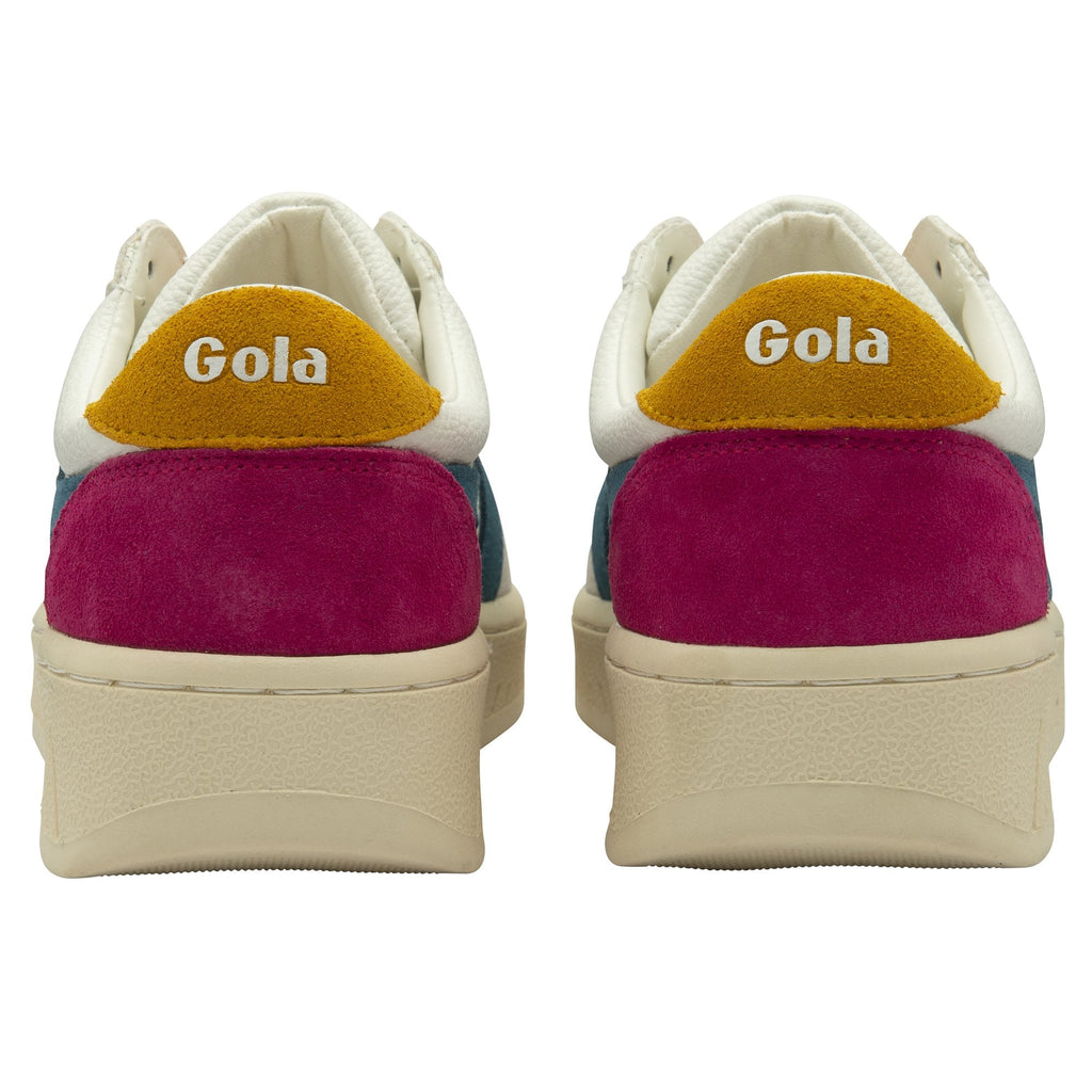 Rear view of a pair of Gola Classics trainers, highlighting the burgundy heel.