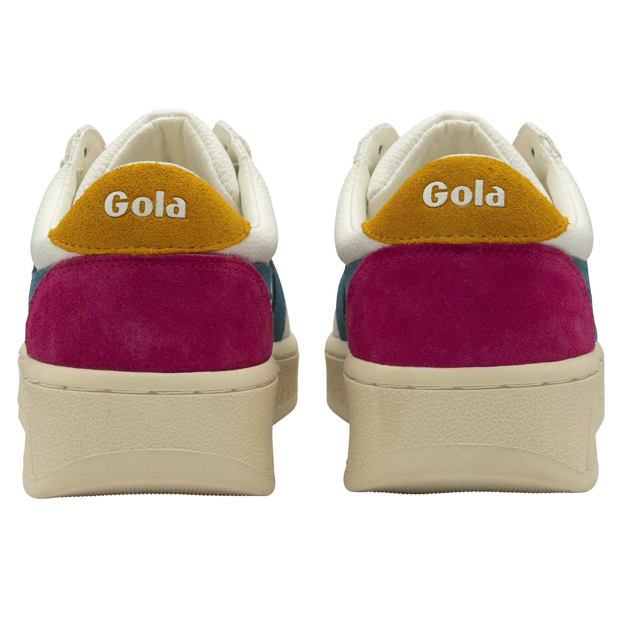 Rear view of a pair of Gola Classics trainers, highlighting the burgundy heel.