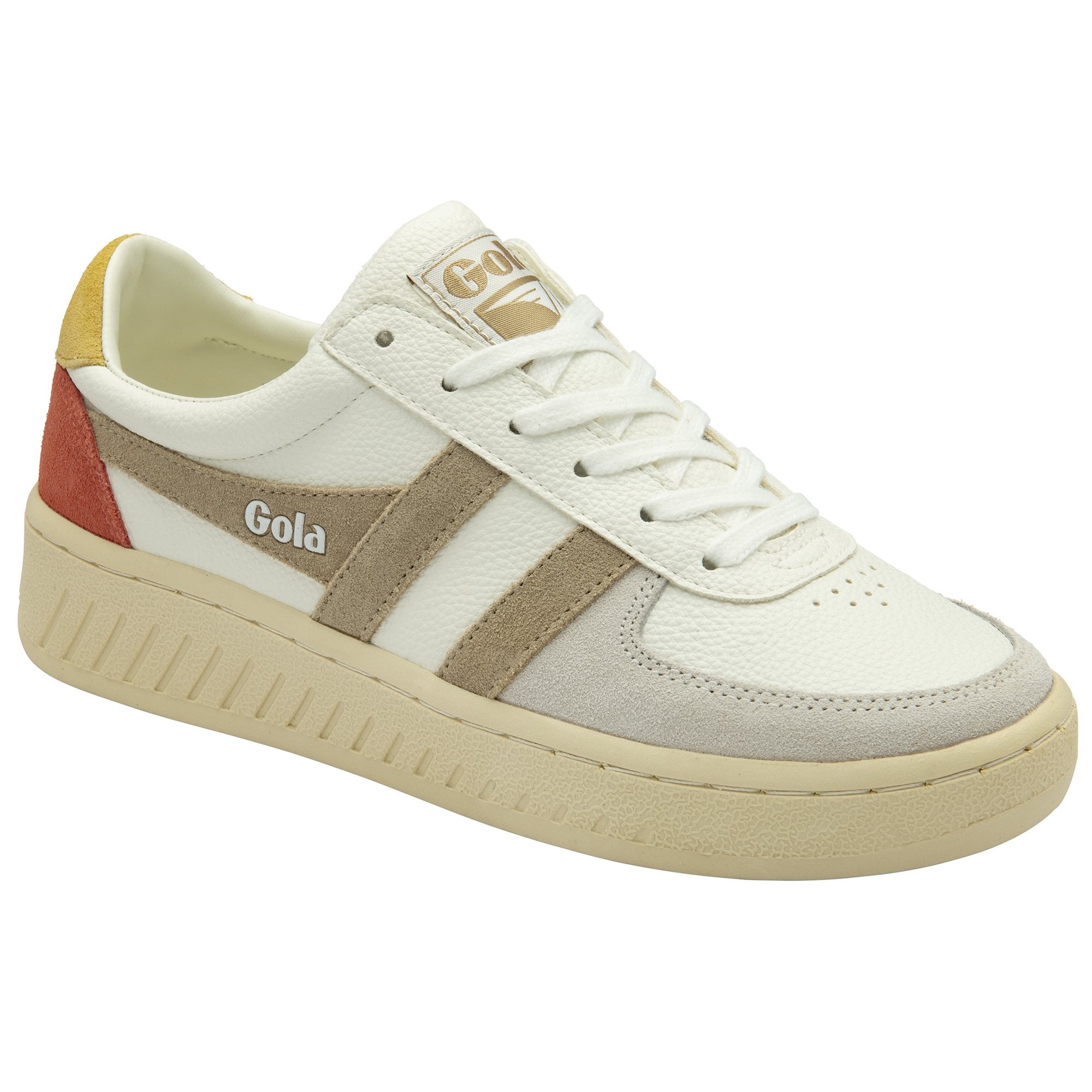 A single white Gola sneaker with beige stripes and red and yellow accents.