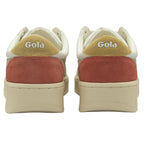 The back view of two white Gola sneakers with red heels and yellow Gola logos.
