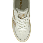 An overhead view of a white Gola sneaker with beige stripes and white laces.
