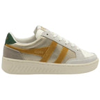 A right Gola women's low top sneaker, side view. Mustard yellow stripes, green heel tab.
