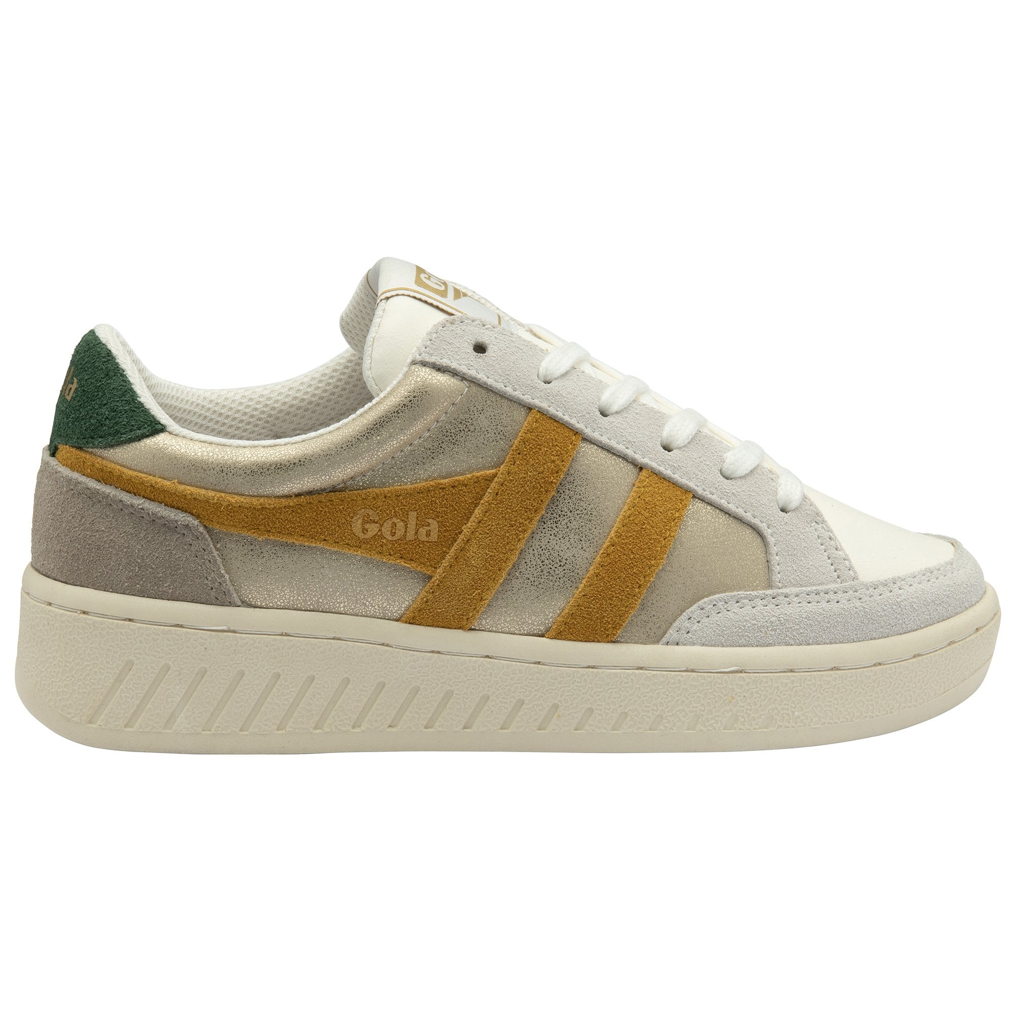 A right Gola women's low top sneaker, side view. Mustard yellow stripes, green heel tab.