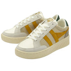 A pair of Gola women's low top sneakers. White, cream, mustard yellow, and green colors.