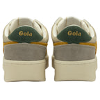 Back view of Gola women's low top sneakers. Green heel tabs with "Gola" in yellow.