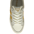 Top down view of a Gola women's low top sneaker. White laces and mustard yellow stripes.