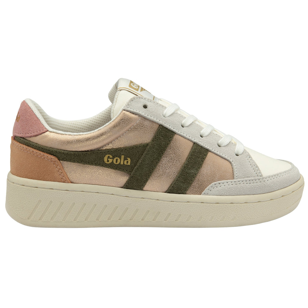A right side view of the Gola Elan sneakers in pink, olive, and white.