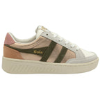 A right side view of the Gola Elan sneakers in pink, olive, and white.