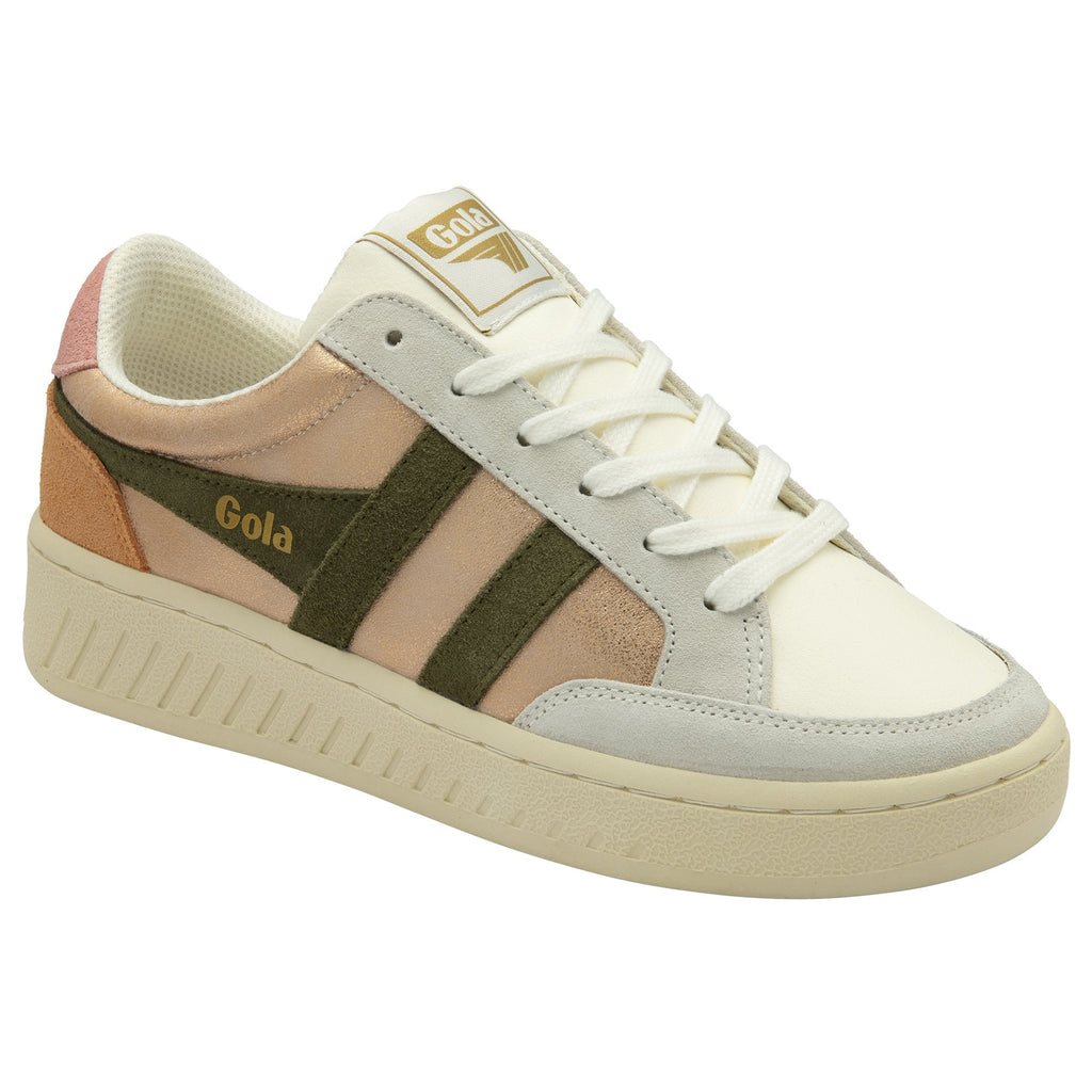 A left side view of the Gola Elan sneakers in pink, olive, and white.