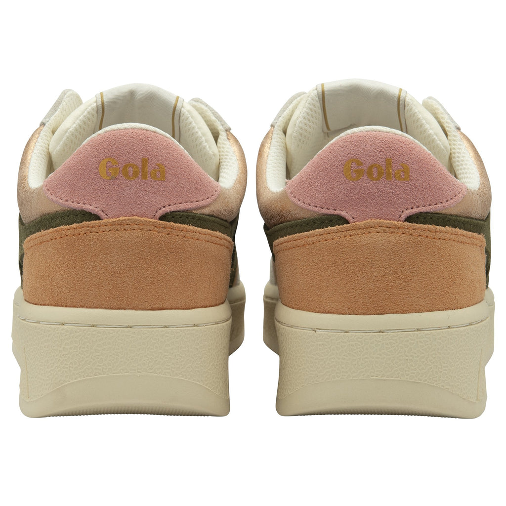 A rear view of the Gola Elan sneakers in pink, olive, and white.