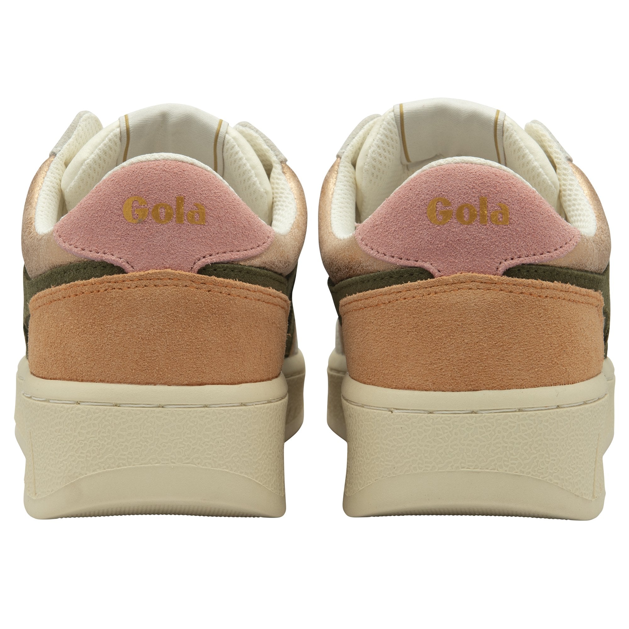 A rear view of the Gola Elan sneakers in pink, olive, and white.