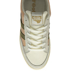 A top down view of the Gola Elan sneakers in pink, olive, and white.
