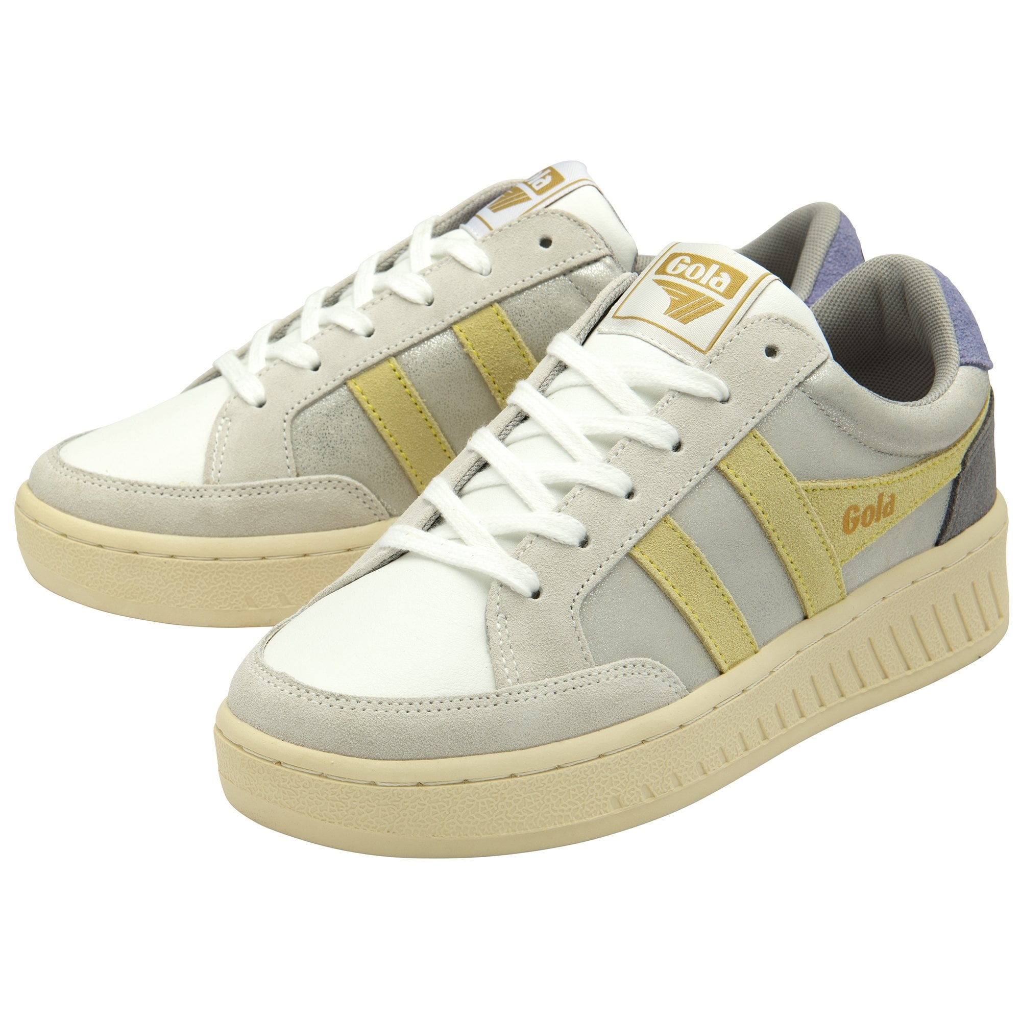 A pair of white, gold, and blue Gola sneakers with thick soles and white laces.
