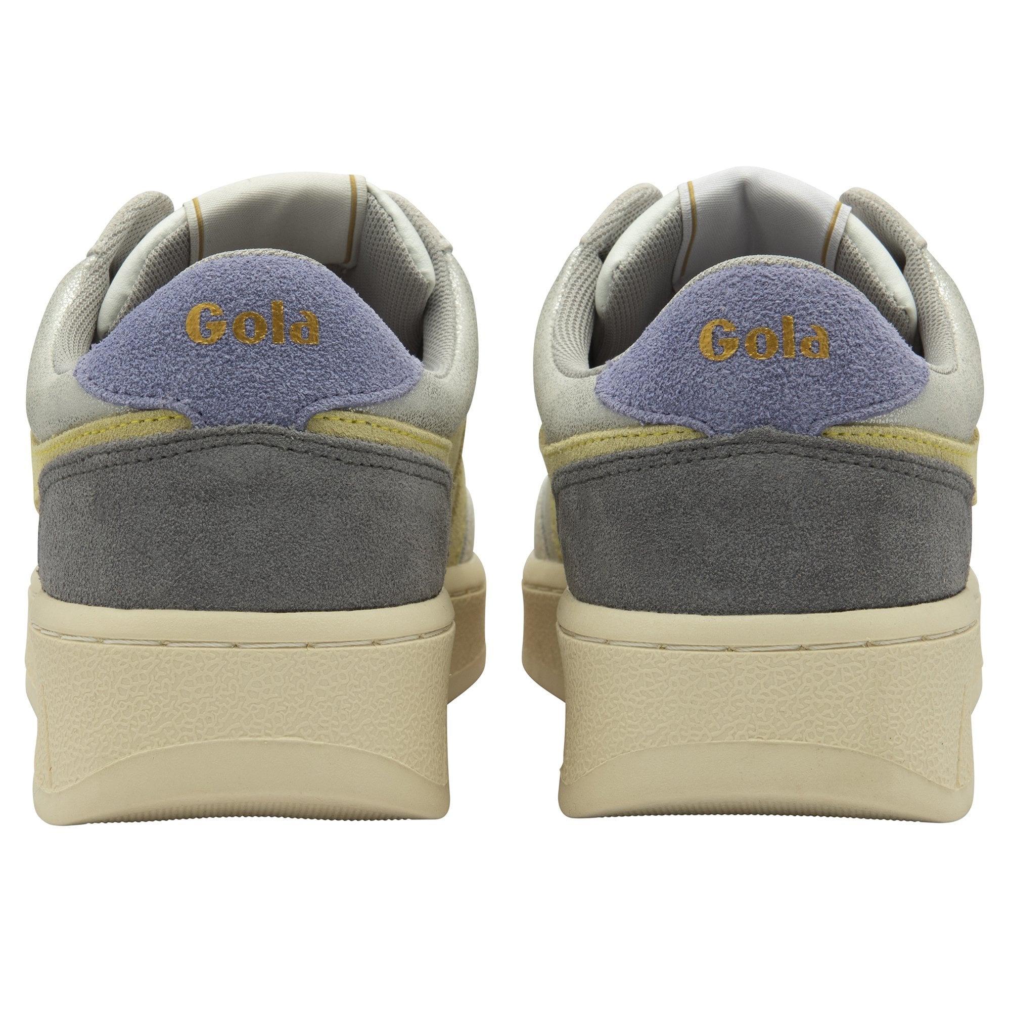 The heels of two Gola sneakers, featuring blue, gray, and gold accents.