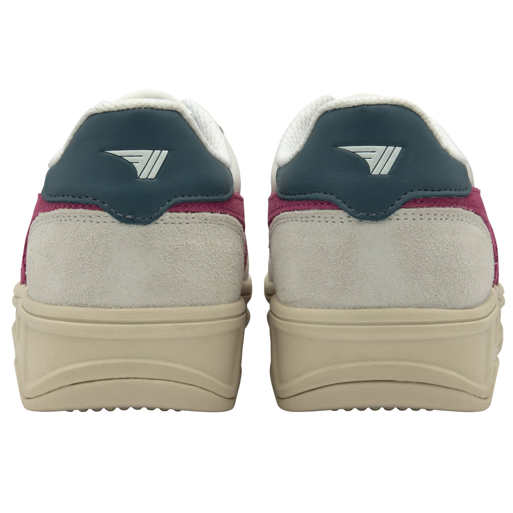 Rear view of a pair of Gola men's Grandslam sneakers. White leather with a teal blue heel tab.