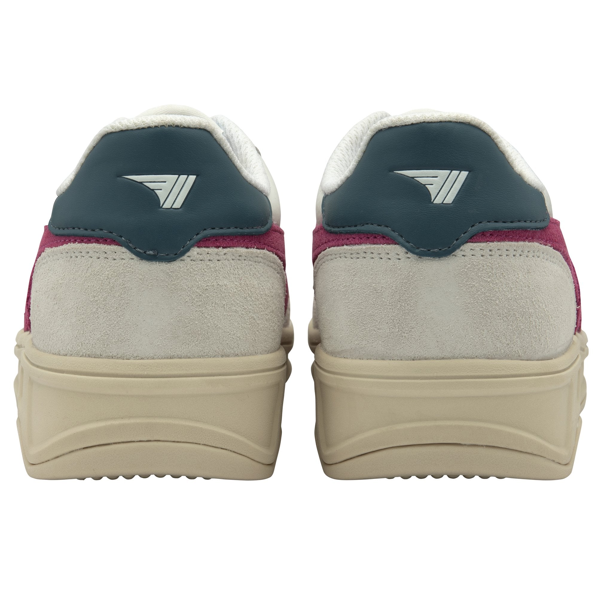 Rear view of a pair of Gola men's Grandslam sneakers. White leather with a teal blue heel tab.
