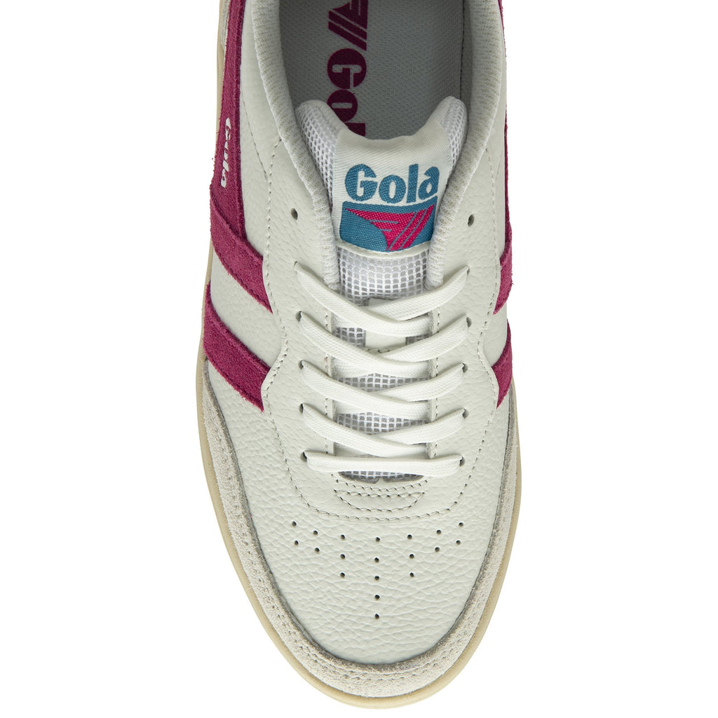 Top down view of a Gola men's Grandslam sneaker. White leather with a pink and blue tongue.
