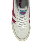 Top down view of a Gola men's Grandslam sneaker. White leather with a pink and blue tongue.