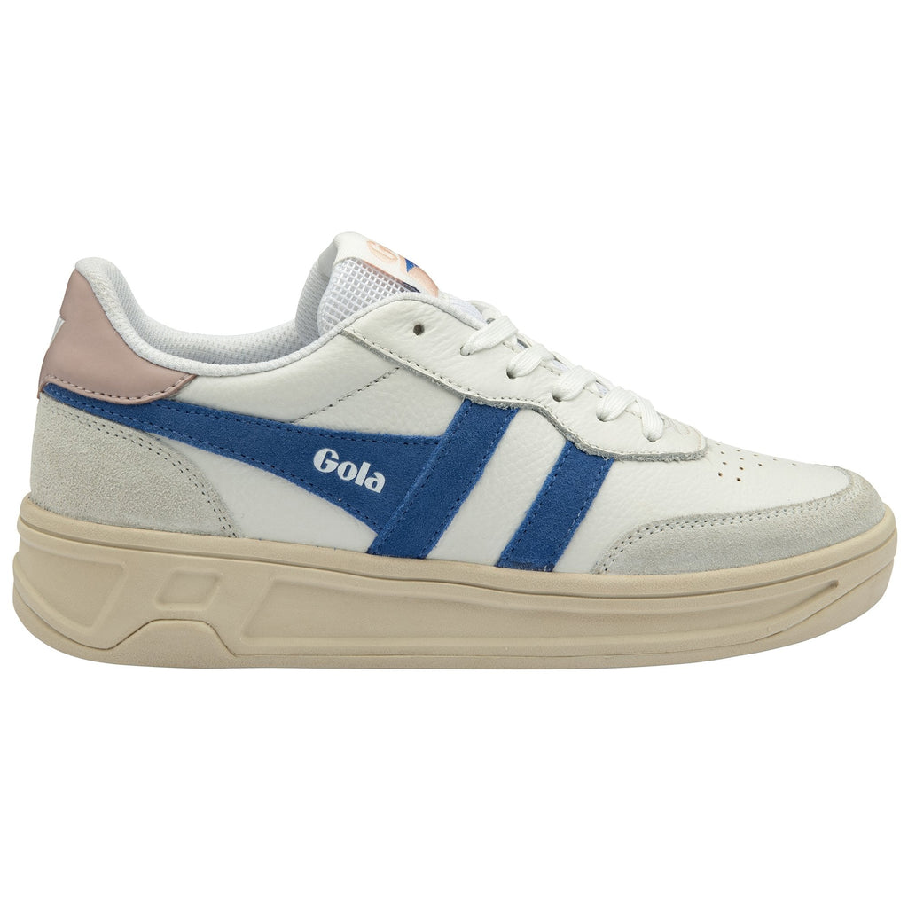 A white Gola sneaker with blue stripes and a beige sole, viewed from the side.