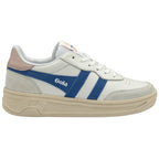 A white Gola sneaker with blue stripes and a beige sole, viewed from the side.