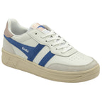 A white Gola sneaker with blue stripes and a beige sole, angled slightly.