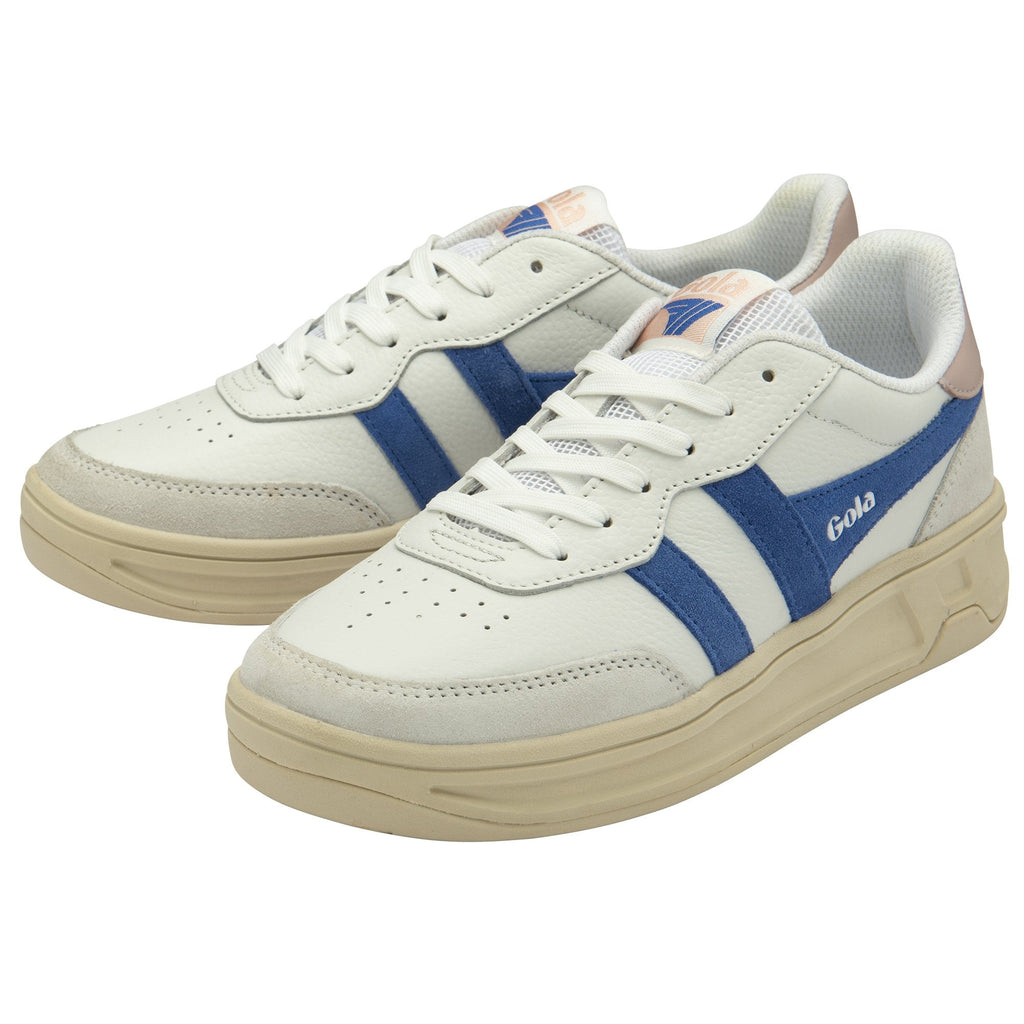 A pair of white Gola sneakers with blue stripes and beige soles, angled together.